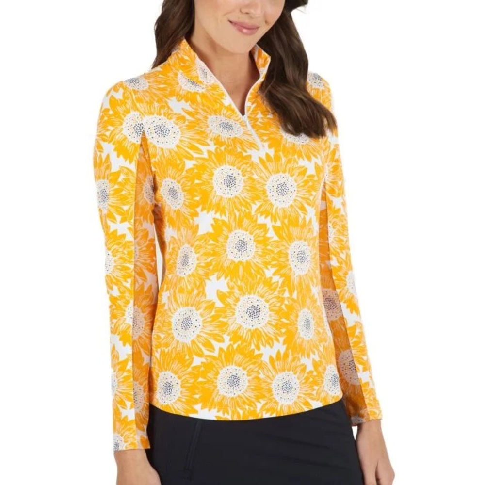 IBKUL Top size S Yellow Floral 1/4 Zip UPF 50 Sun Protect Golf Tennis Pickleball